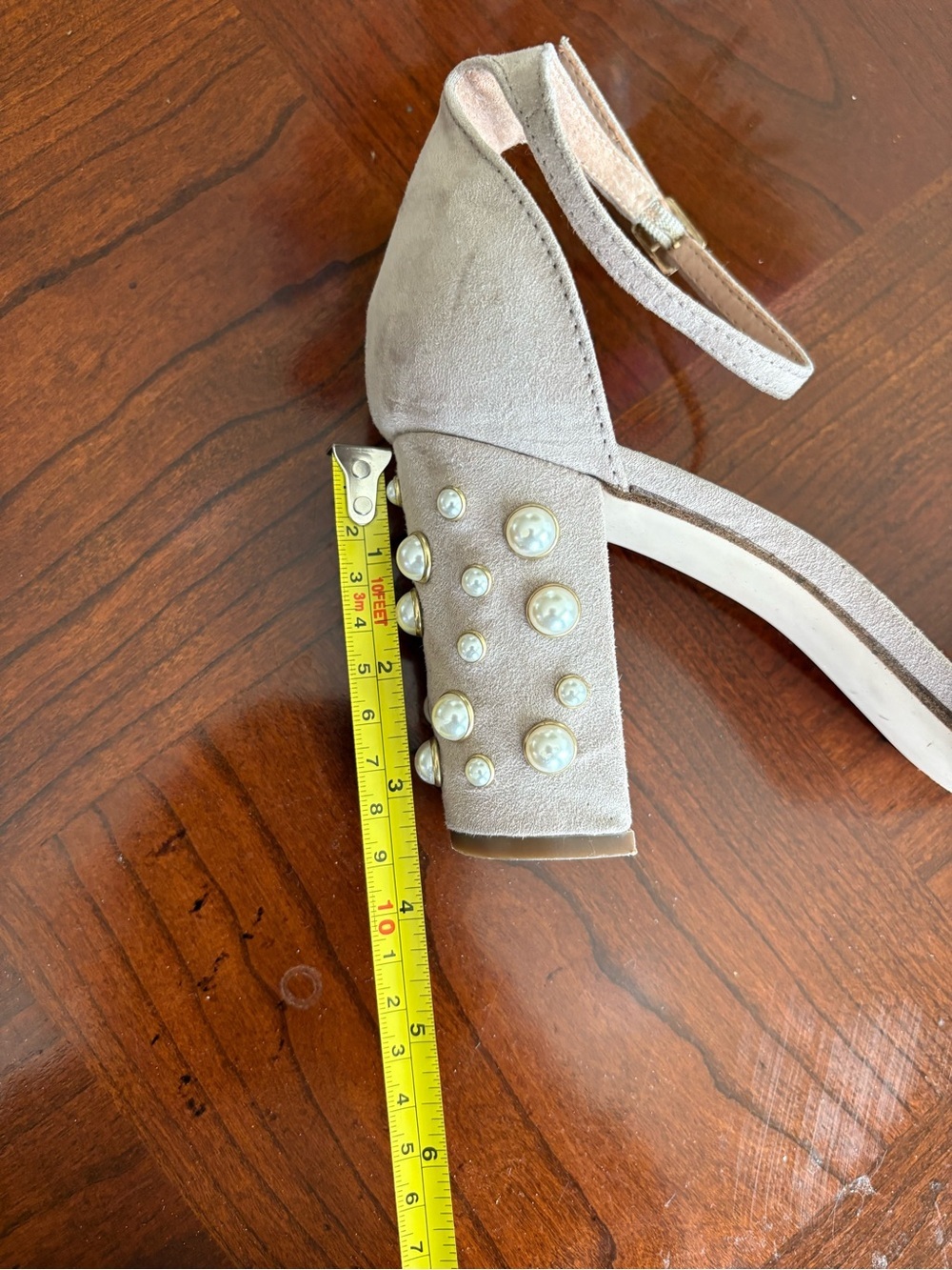 Madden Girl Women's Beige Suede Block Heel Sandals with Pearl Studs - Picture 4 of 8